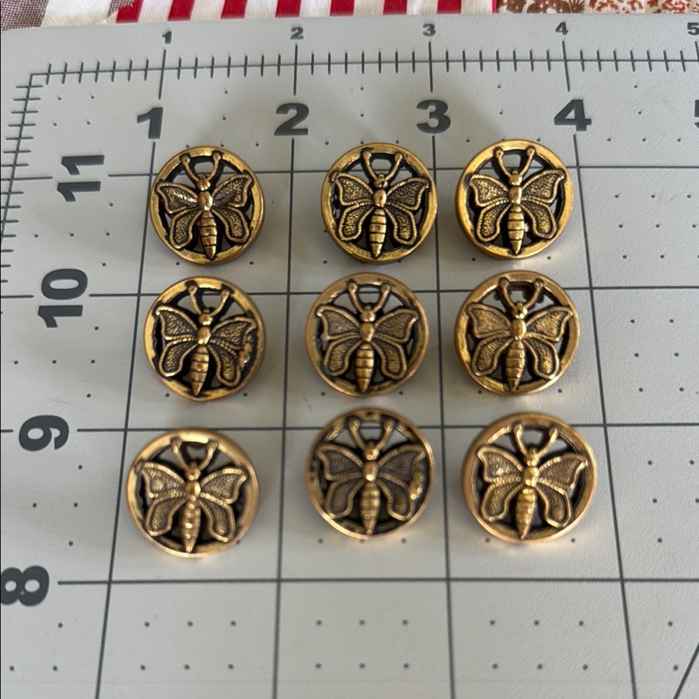 Set of 9 Vintage Brass Butterfly Metal Shank Buttons – 1970s–1980s